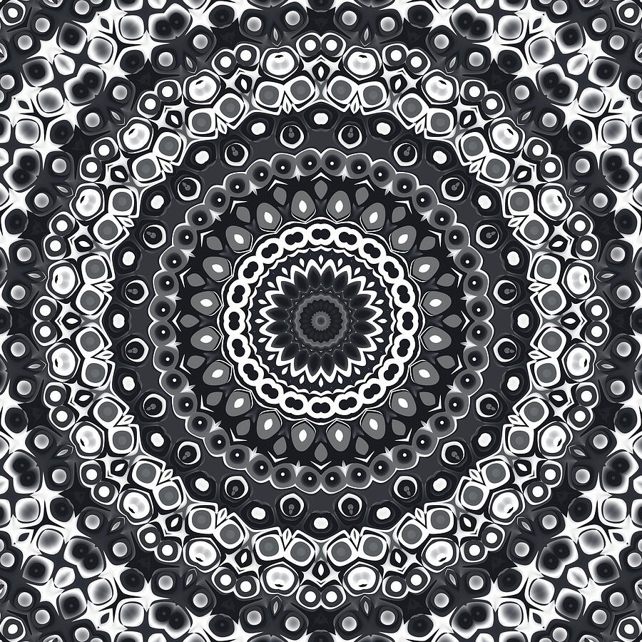 Black and White Mandala Kaleidoscope Medallion Flower Digital Art by Mercury McCutcheon