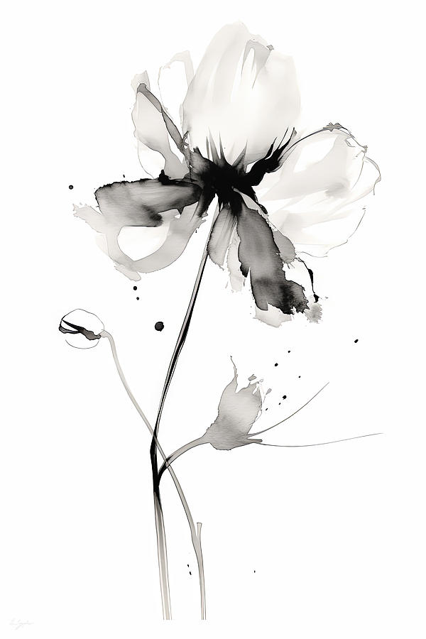 Black and White Minimalist Flower Painting by Lourry Legarde