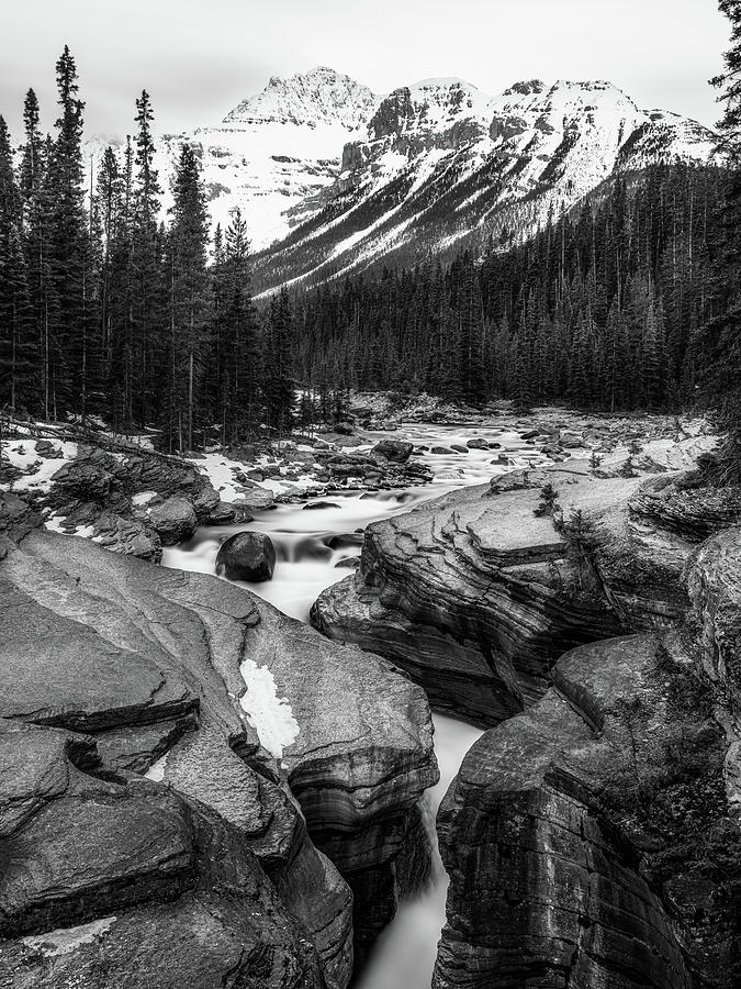 Black and white Mistaya Canyon, Banff National Park Photograph by Yves Gagnon