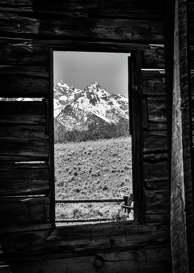 Black And White Mountain View Barn Window Photograph by Dan Sproul