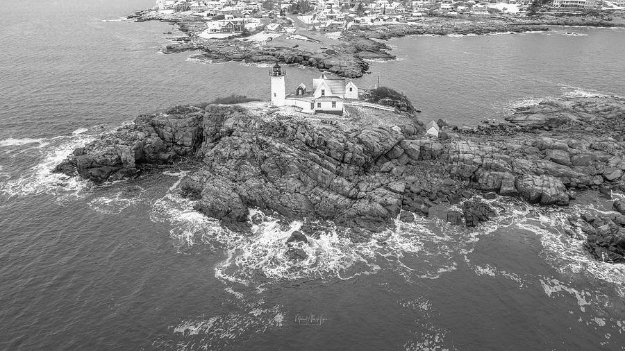Black and White Nubble Lighthouse in Winter Photograph by Veterans Aerial Media LLC