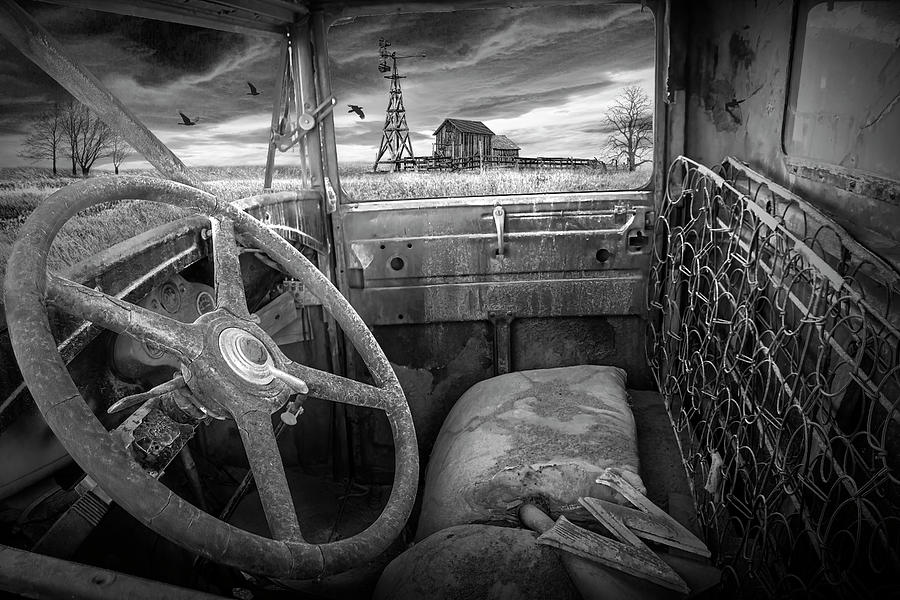 Black and White of Abandoned Car Automobile Interior Photo of a  Photograph by Randall Nyhof