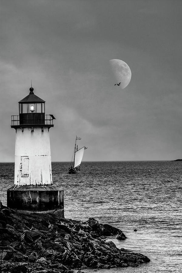 Black and White of Fame Passing Winter Island Photograph by Jeff Folger