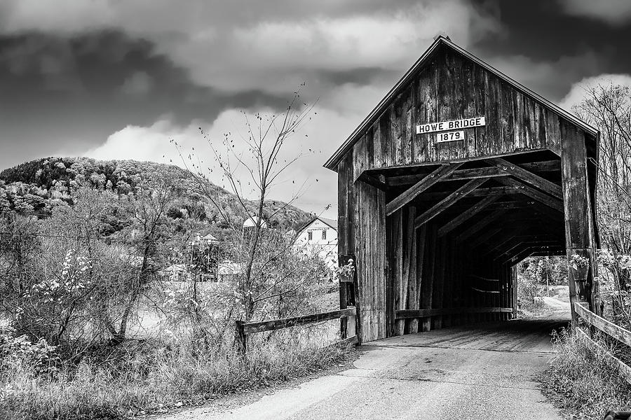 Tree Photograph - Black and White of Howe covered bridge by Jeff Folger