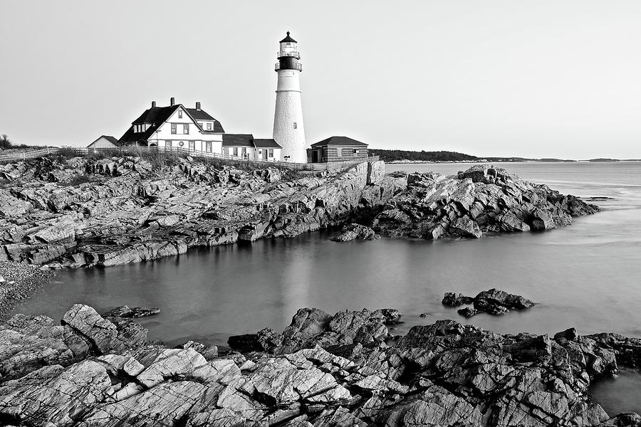 Black and White of Portland Head Photograph by Frozen in Time Fine Art Photography