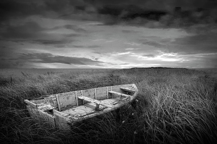 Black and White of Stranded Boat in the Beach Grass on Prince Ed Photograph by Randall Nyhof