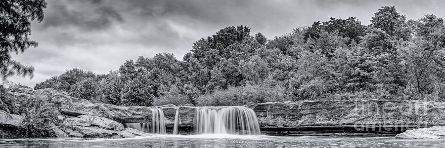 Black and White Panorama of Lower Falls at McKinney Falls State Park - Austin Texas Hill Country Photograph by Silvio Ligutti