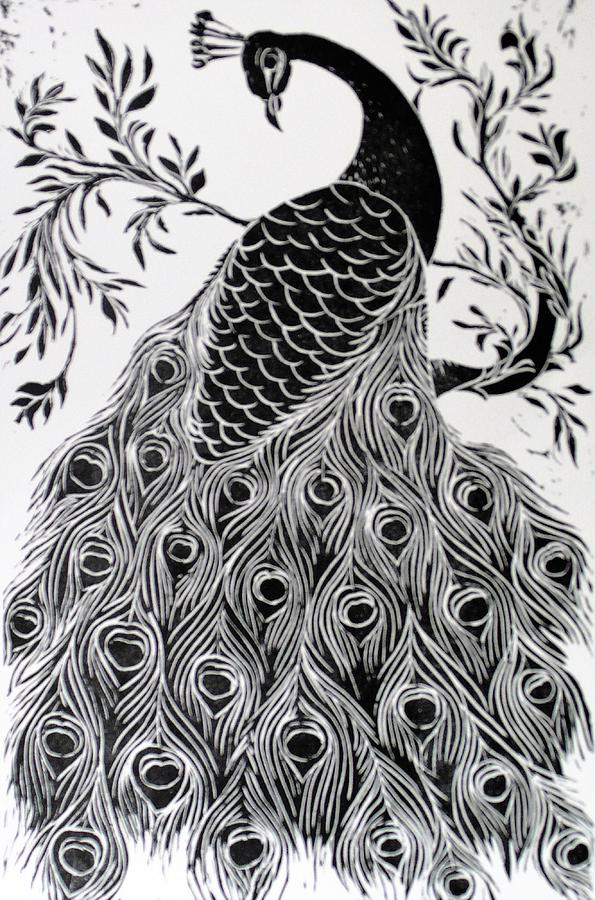 Black and White Peacock Relief by Barbara Anna Cichocka