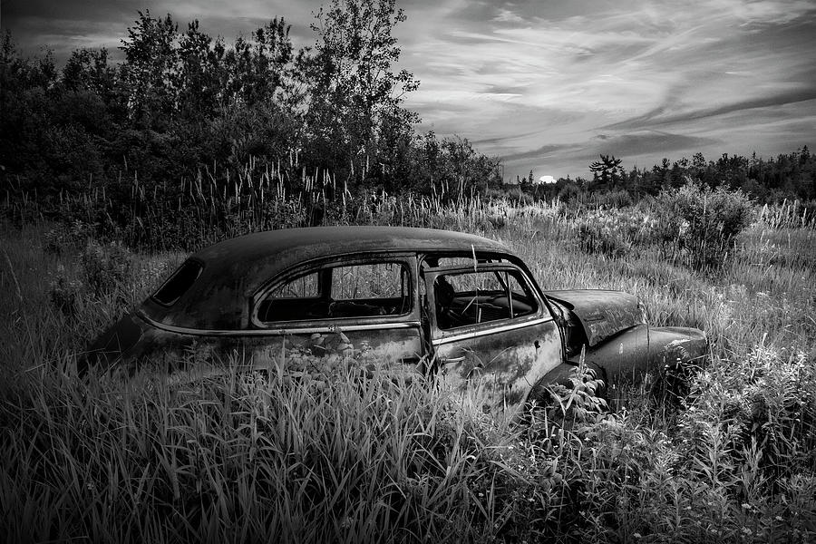 Black and White Photo of Abandoned Car in Ontario at Sunset Photograph by Randall Nyhof