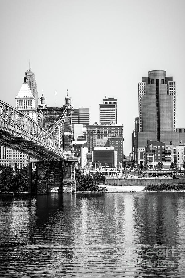 Black and White Photo of Cincinnati Buildings and Roebling Bridg Photograph by Paul Velgos