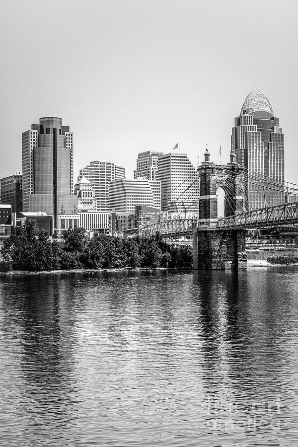 Black and White Photo of Cincinnati Skyline and Roebling Bridge Photograph by Paul Velgos