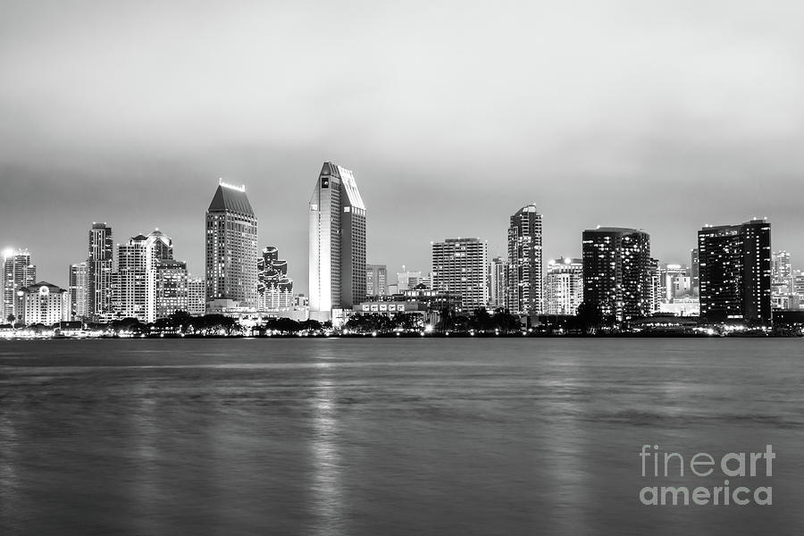 Black and White Photo of San Diego Skyline at Night Photograph by Paul Velgos