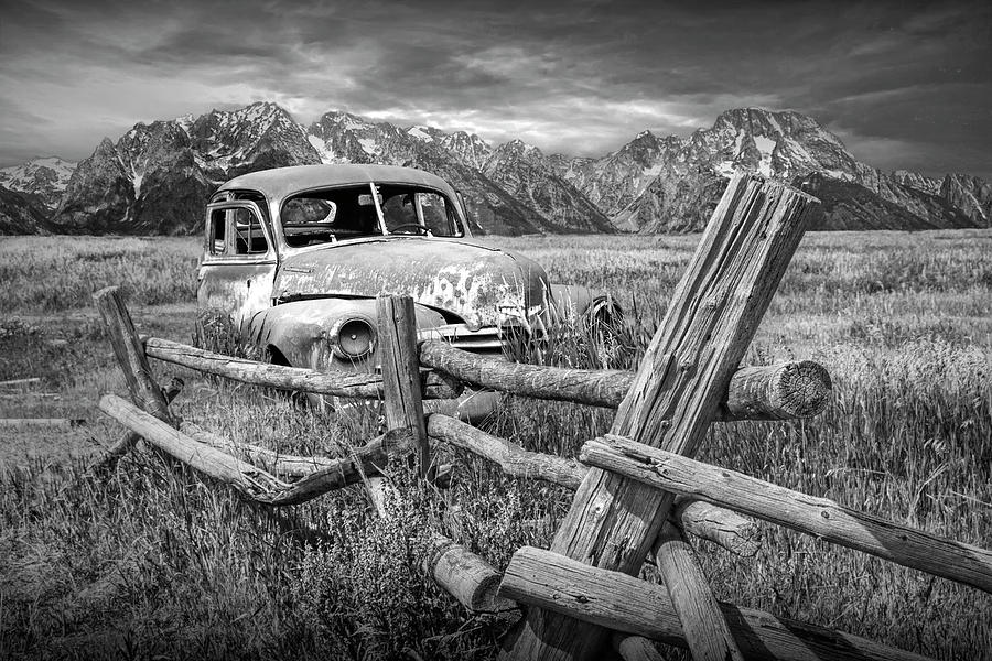Black and White Photograph of Rusted Vintage Automobile Out West Photograph by Randall Nyhof