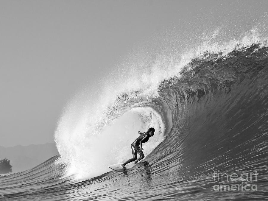 Black and White Print of a Surfer Surfing at Pipeline Hawaii  Photograph by Paul Topp