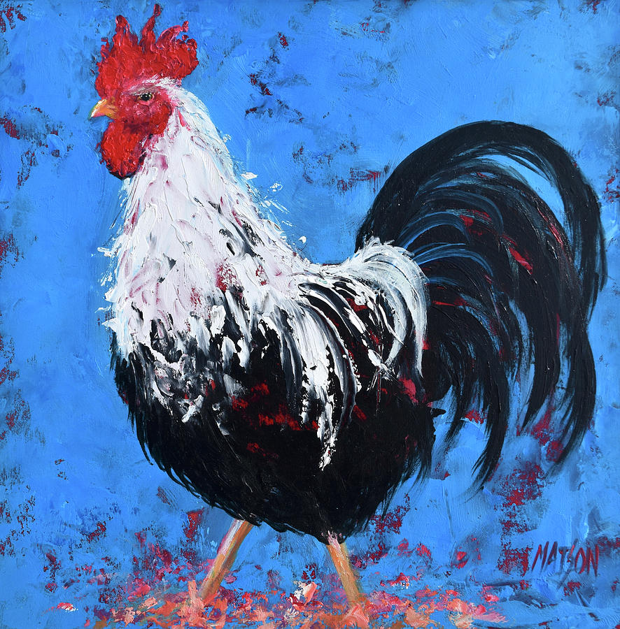 Black and White Rooster on Blue  Painting by Jan Matson