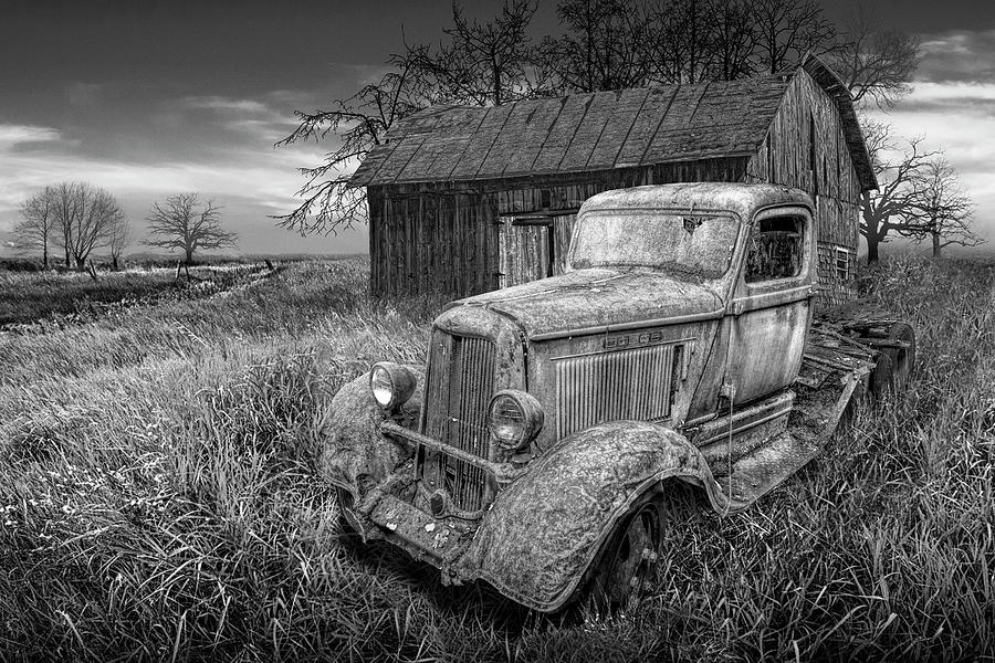 Black and White Rusted Vintage Truck with Weathered Barn Photograph by Randall Nyhof