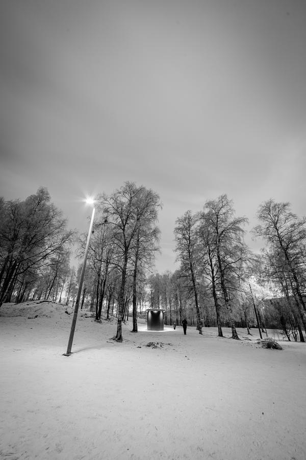 Black and White Shot of a Small Wooden Outbuilding in the Snowy Forested Area of Sognsvann Lake, Norway Wintertime Photograph by Morten Falch Sortland