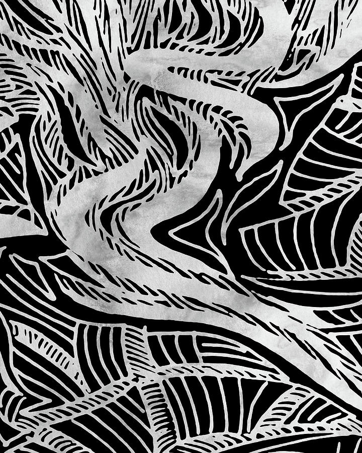 Black And White Silver Lines Leaves Curves Organic Doodles Art Nuevo ...