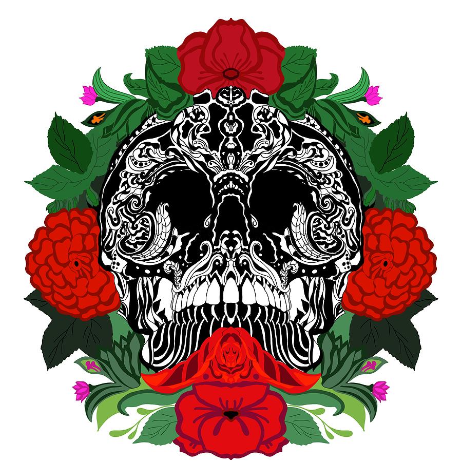 Black and white skull with red flowers Painting by Patricia Piotrak