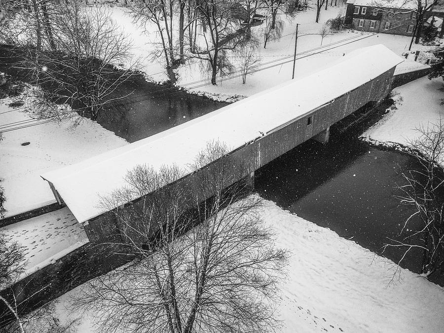 Black and White Snowy Bogert Covered Bridge Aerial Photograph by Jason Fink
