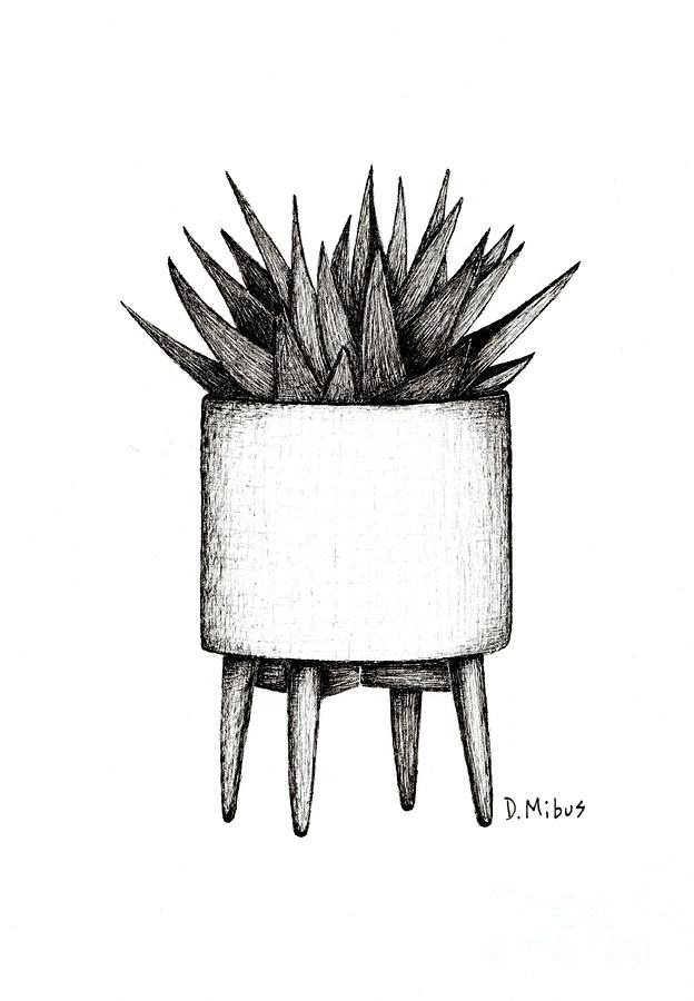 Black and White Succulent in Mid Century Pot Drawing by Donna Mibus