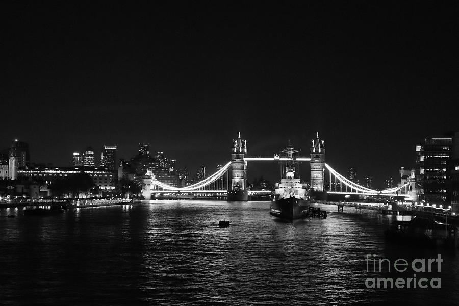 Black and white Tower bridge from London Bridge at night Photograph by ...