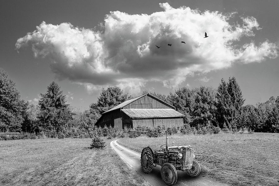 Black and White Tractor on the Farm Trail Photograph by Debra and Dave Vanderlaan