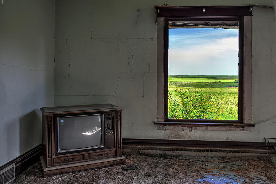 Black and White TV, Color Window - view of ND prairie from within living room of abandoned farm home Photograph by Peter Herman