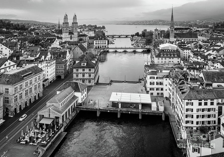 Black and white view of Zurich old town with the Limmat river an Photograph by Didier Marti