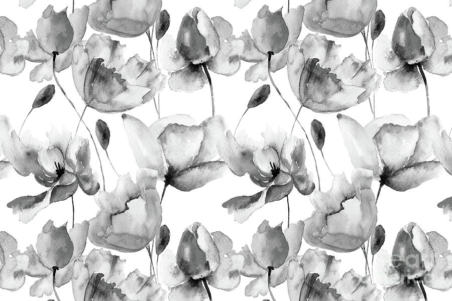 Black and White Watercolor Tulip and Poppy Floral Pattern Painting by PIPA Fine Art - Simply Solid