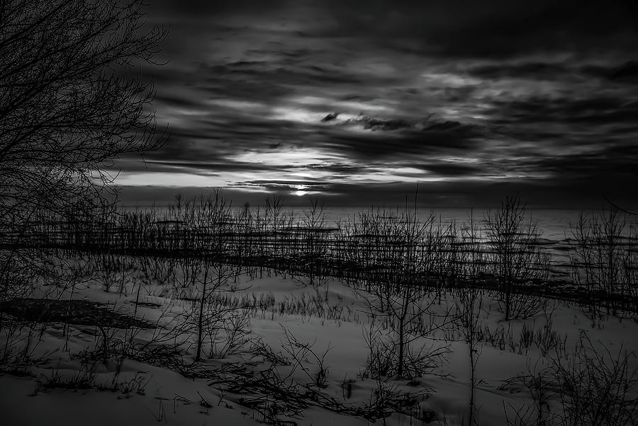 Lake Michigan Photograph - Black and White Winter Sunrise by Deb Beausoleil