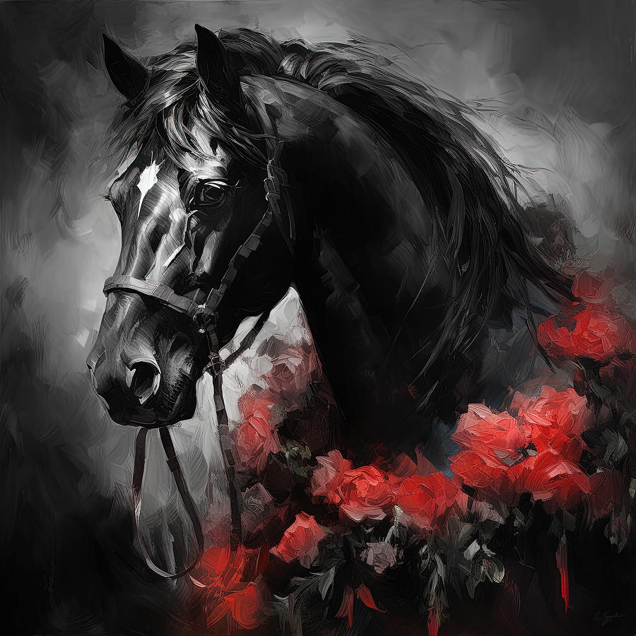 Rose Painting - Black Arabian Horse Art by Lourry Legarde