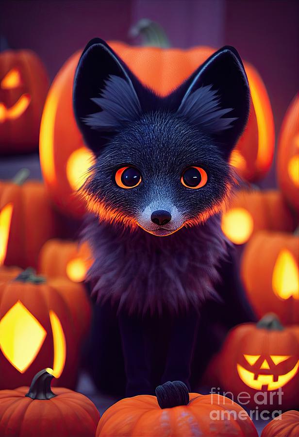 black baby fox Halloween theme Digital Art by Benny Marty
