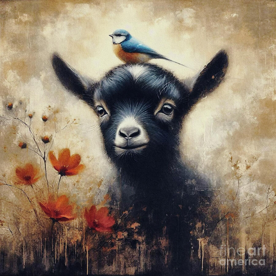 Black Baby Goat And Bluebird Painting by Maria Angelica Maira