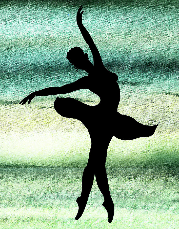 Black Ballerina Silhouette Teal Watercolor Background  Painting by Irina Sztukowski
