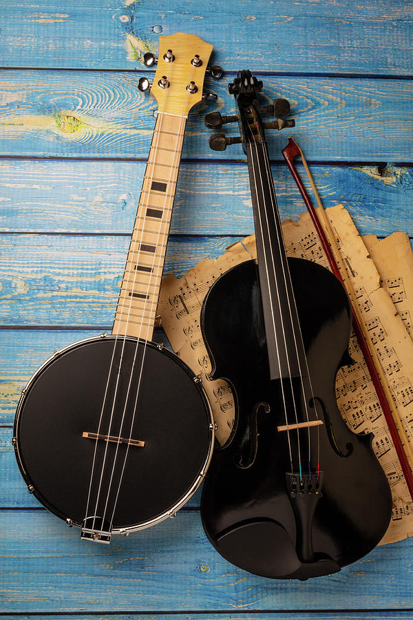 Black Banjo And Violin With Sheet Music Photograph by Garry Gay