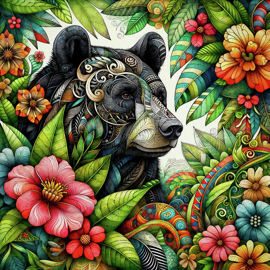 Black Bear and Flowers Digital Art by Peggy Collins