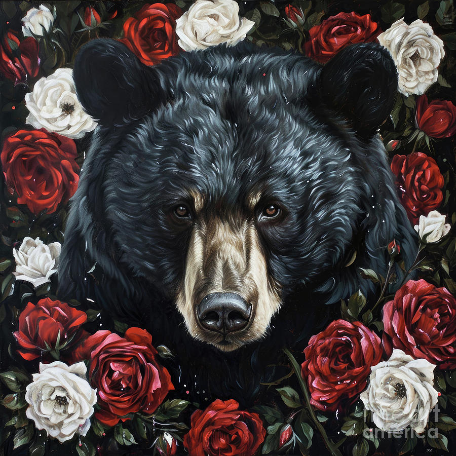 Bear Painting - Black Bear And Roses by Tina LeCour