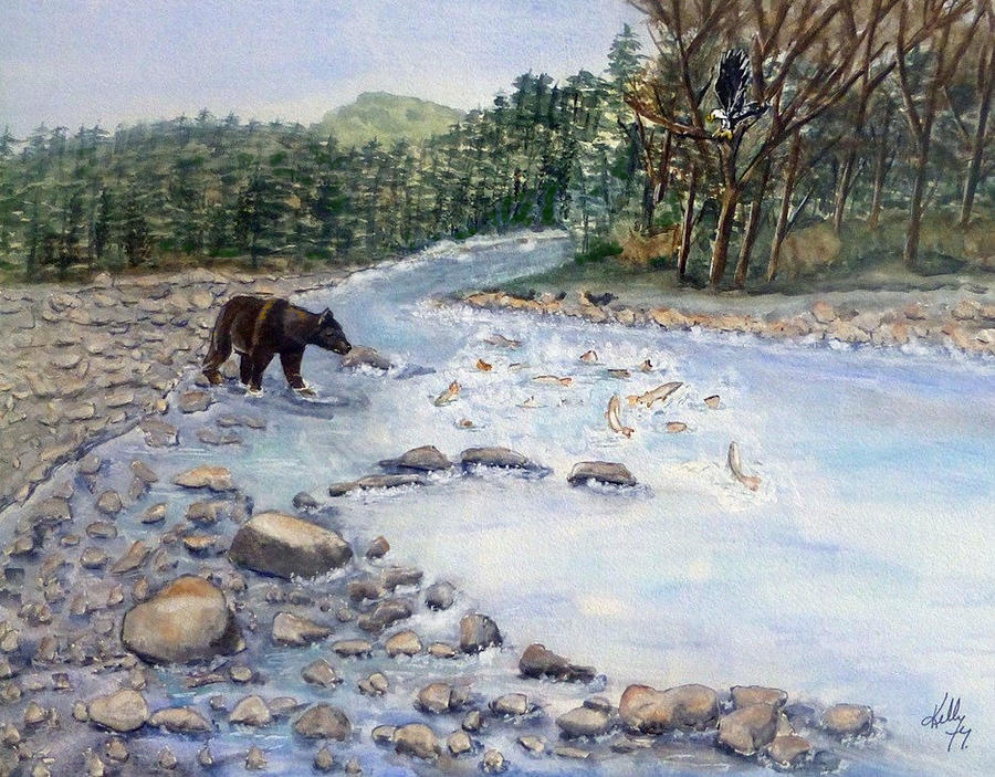 Black Bear and Salmon Painting by Kelly Mills