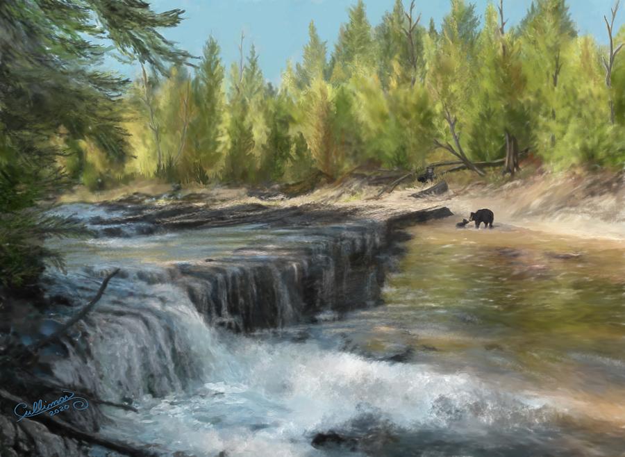 Waterfall Digital Art - Black Bear at the Big Iron by Marilyn Cullingford