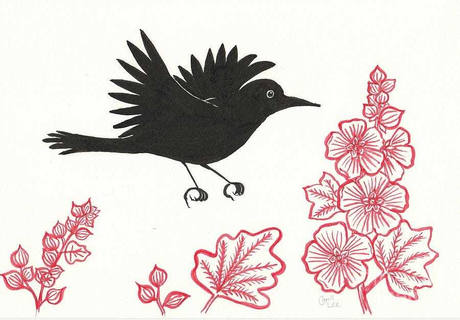 Black Bird Flying Over Hollyhocks Painting by Cami Lee