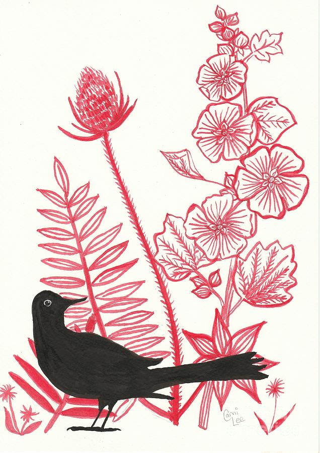 Black Bird with Hollyhocks Painting by Cami Lee