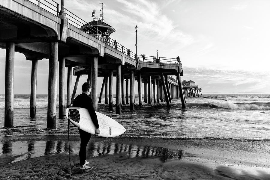 Black California Series - Huntington Beach Pier Surfer Photograph by Philippe HUGONNARD