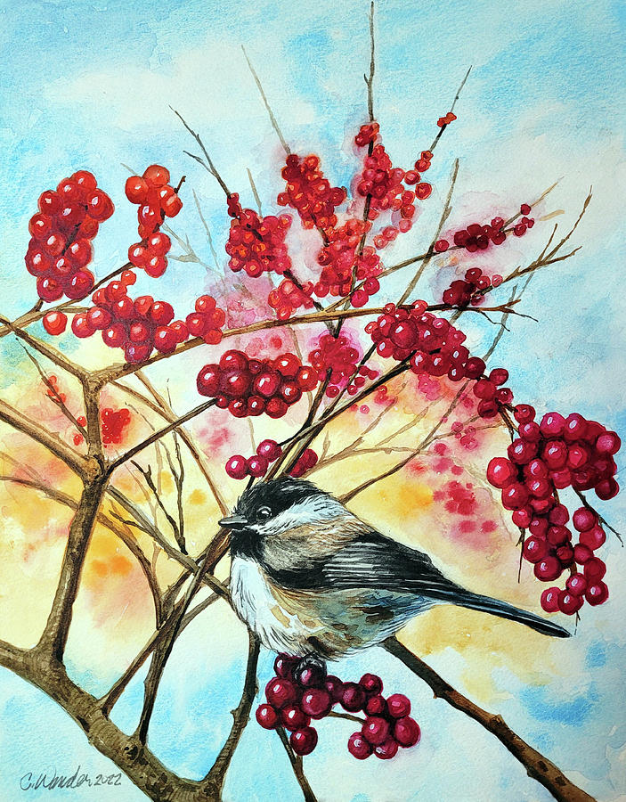 Black Capped Chickadee and Winterberries Painting by Carol Wander