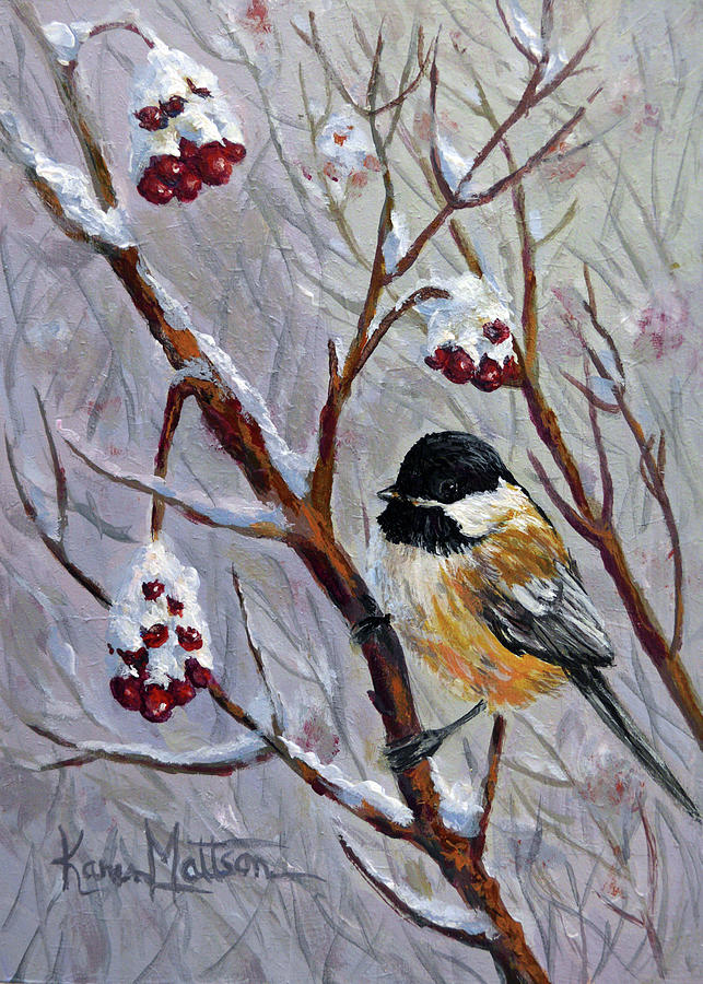 Black-capped Chickadee in Winter Painting by Karen Mattson