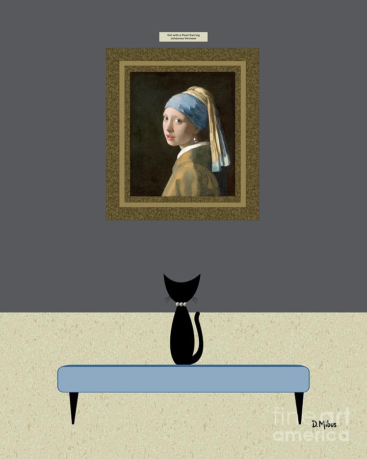 Black Cat Admires Girl with a Pearl Earring Digital Art by Donna Mibus