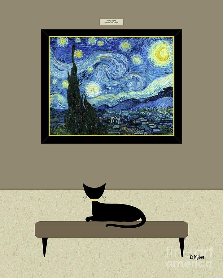 Black Cat Admires Starry Night Painting Digital Art by Donna Mibus
