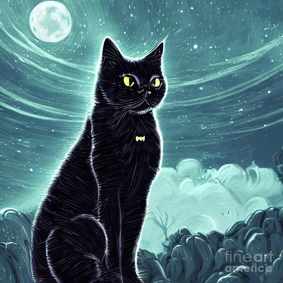 Black Cat And Full Moon Digital Art