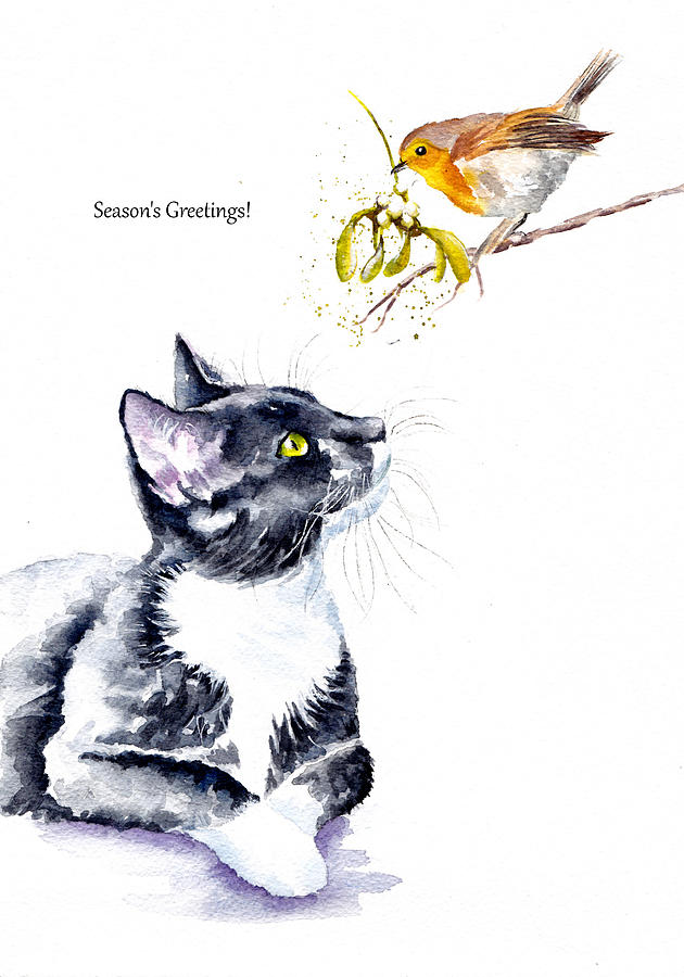 Black Cat and Robin Seasons Greetings Painting by Debra Hall