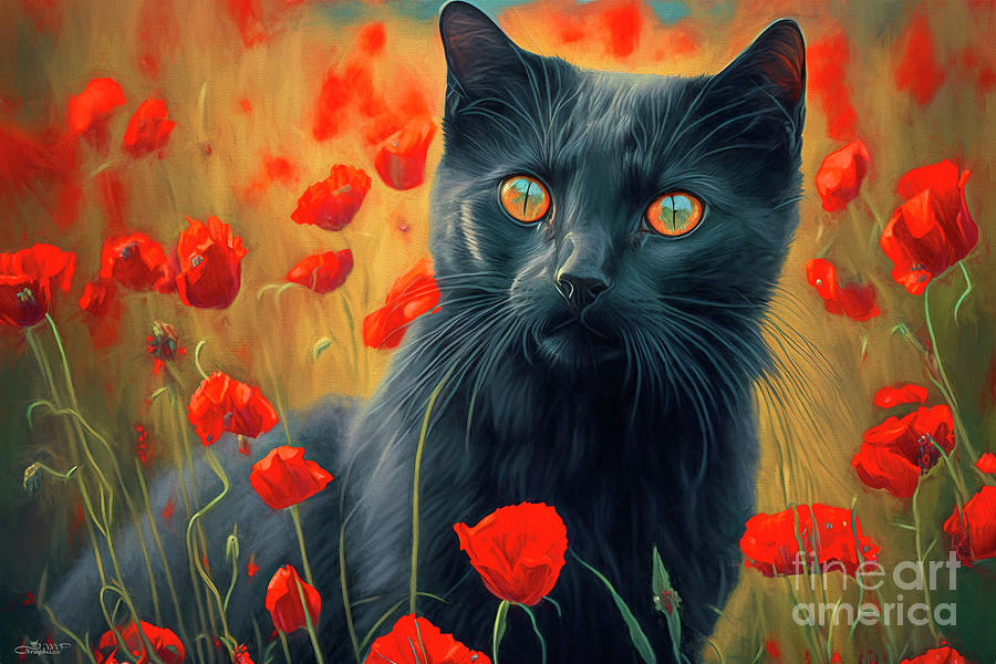 Black Cat between Poppies Digital Art by Jutta Maria Pusl